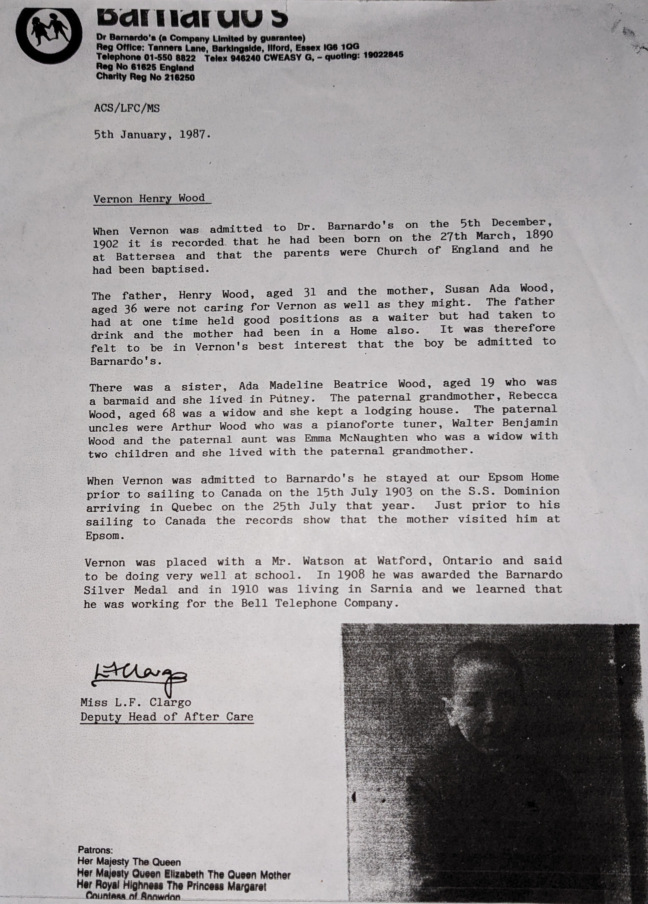 Original Dr. Barnardo's archive letter regarding Vernon Henry Wood (1987)